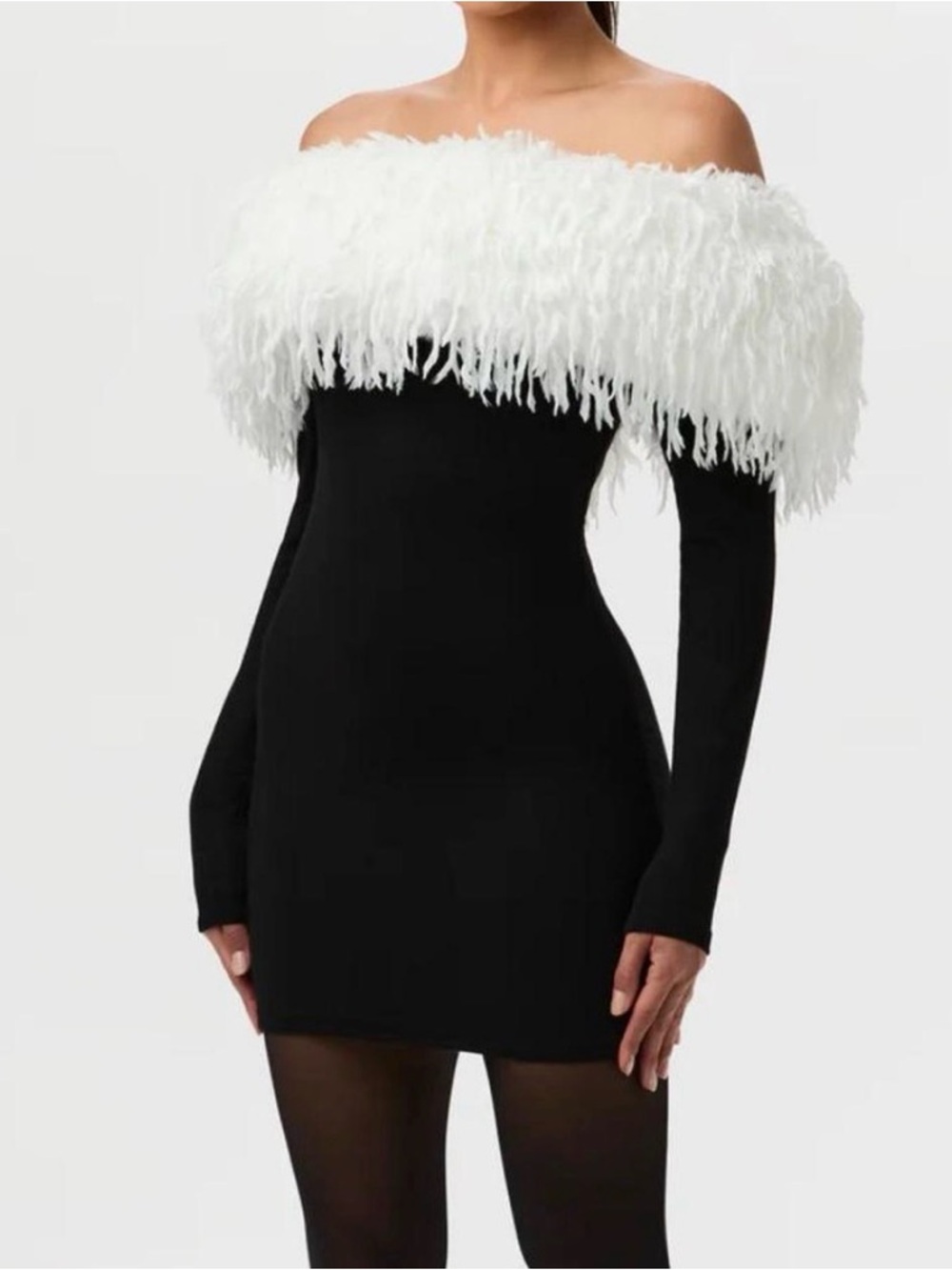 NAKED WARDROBE Black Mini Dress with White Feather Trim